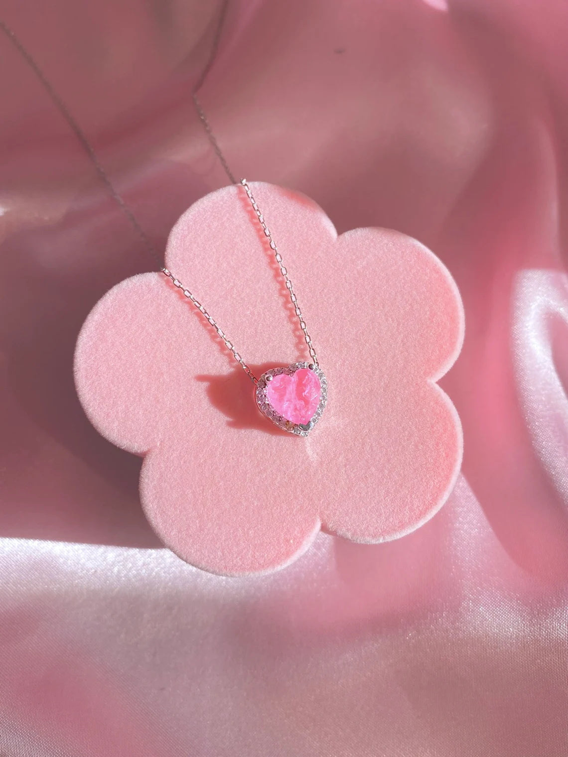 925K Sterling Silver Minimal Pink Heart Necklace Pink Stone Necklace Minimal Heart Necklace Gift For her
