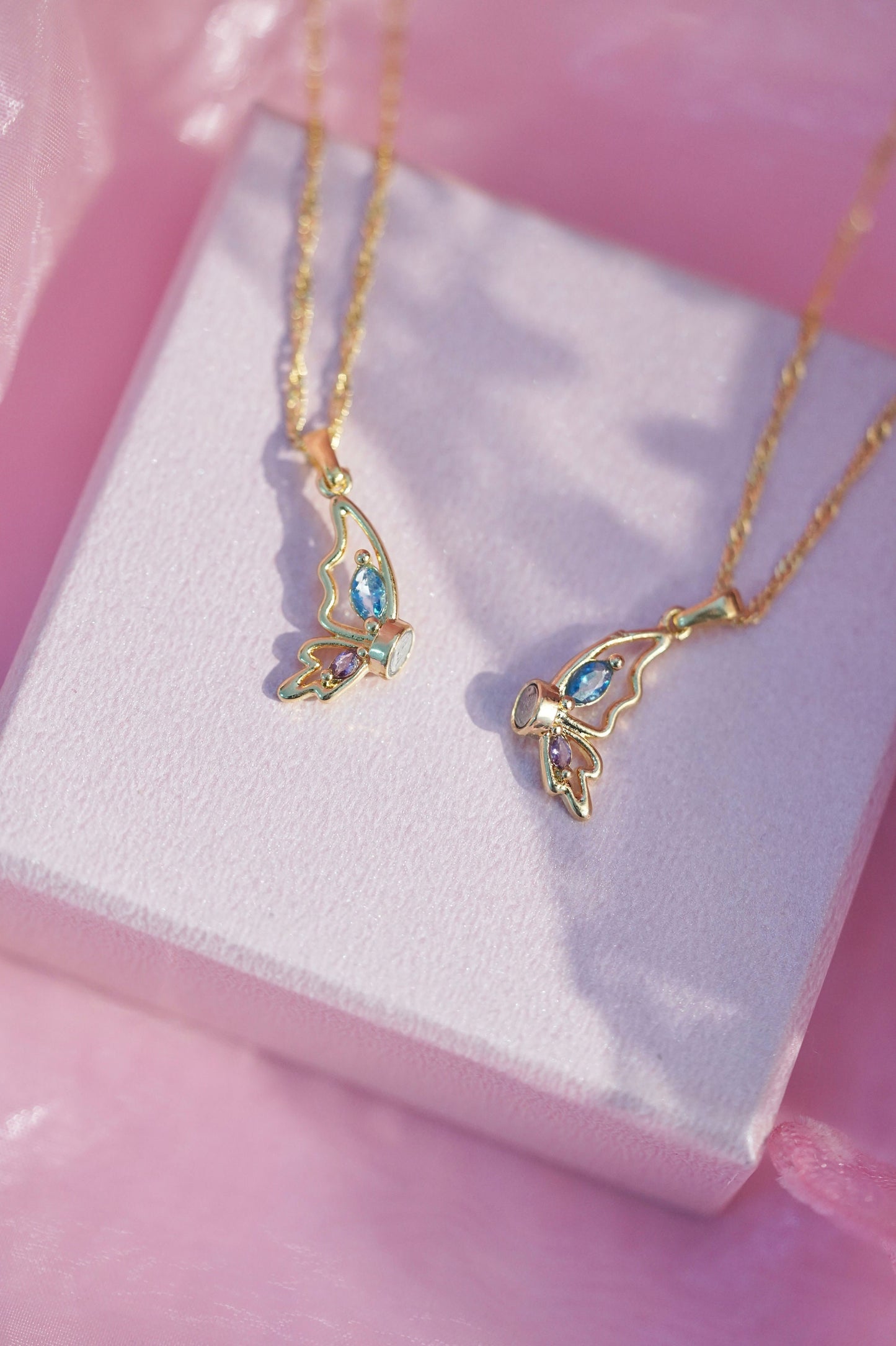 Princess and The Pauper Friendship 2pcs Gold Plated matching Necklace, Diamond castle , Butterfly Necklace, BFF Jewelry