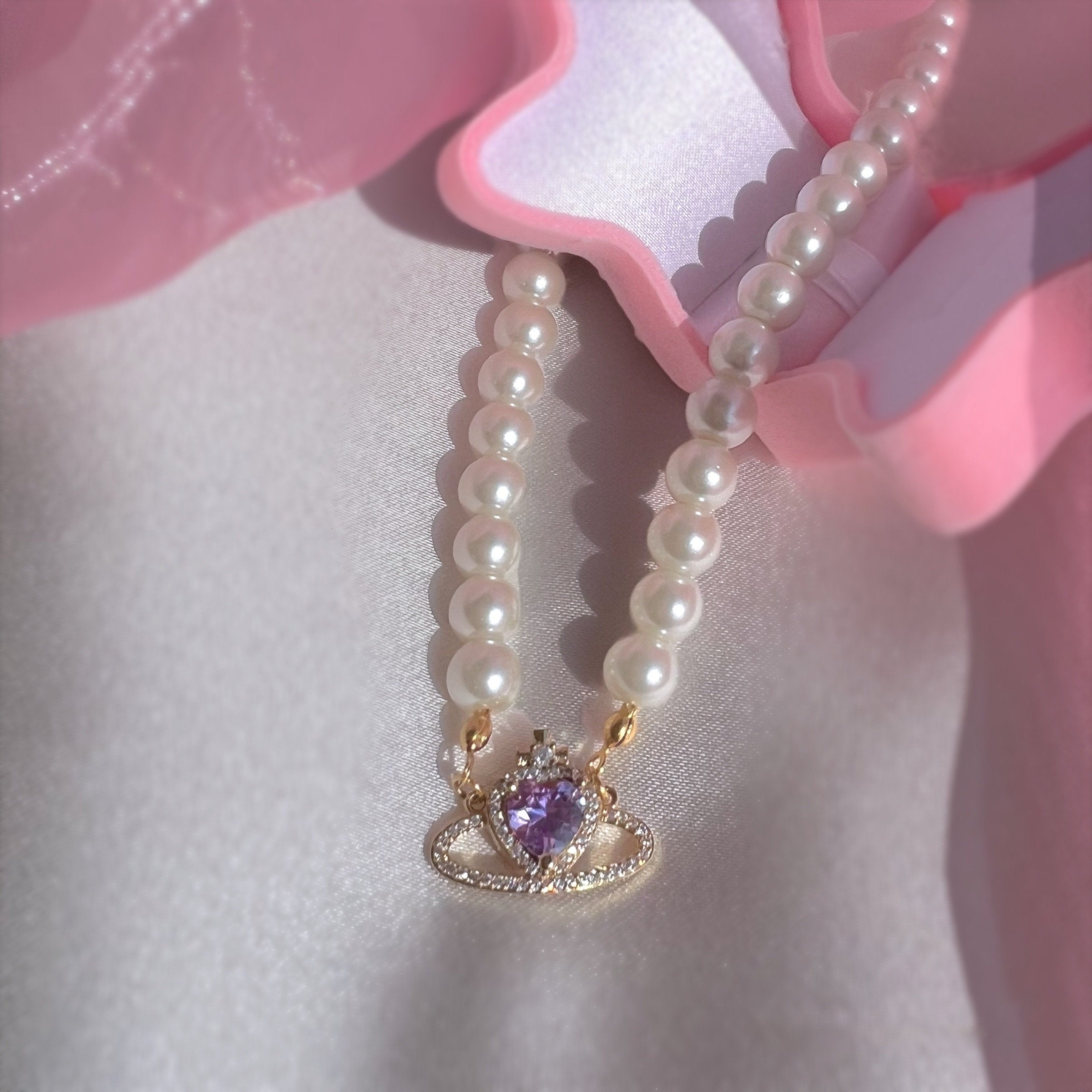 18k gold plated, handmade pearl and zirconia pink saturn necklace
