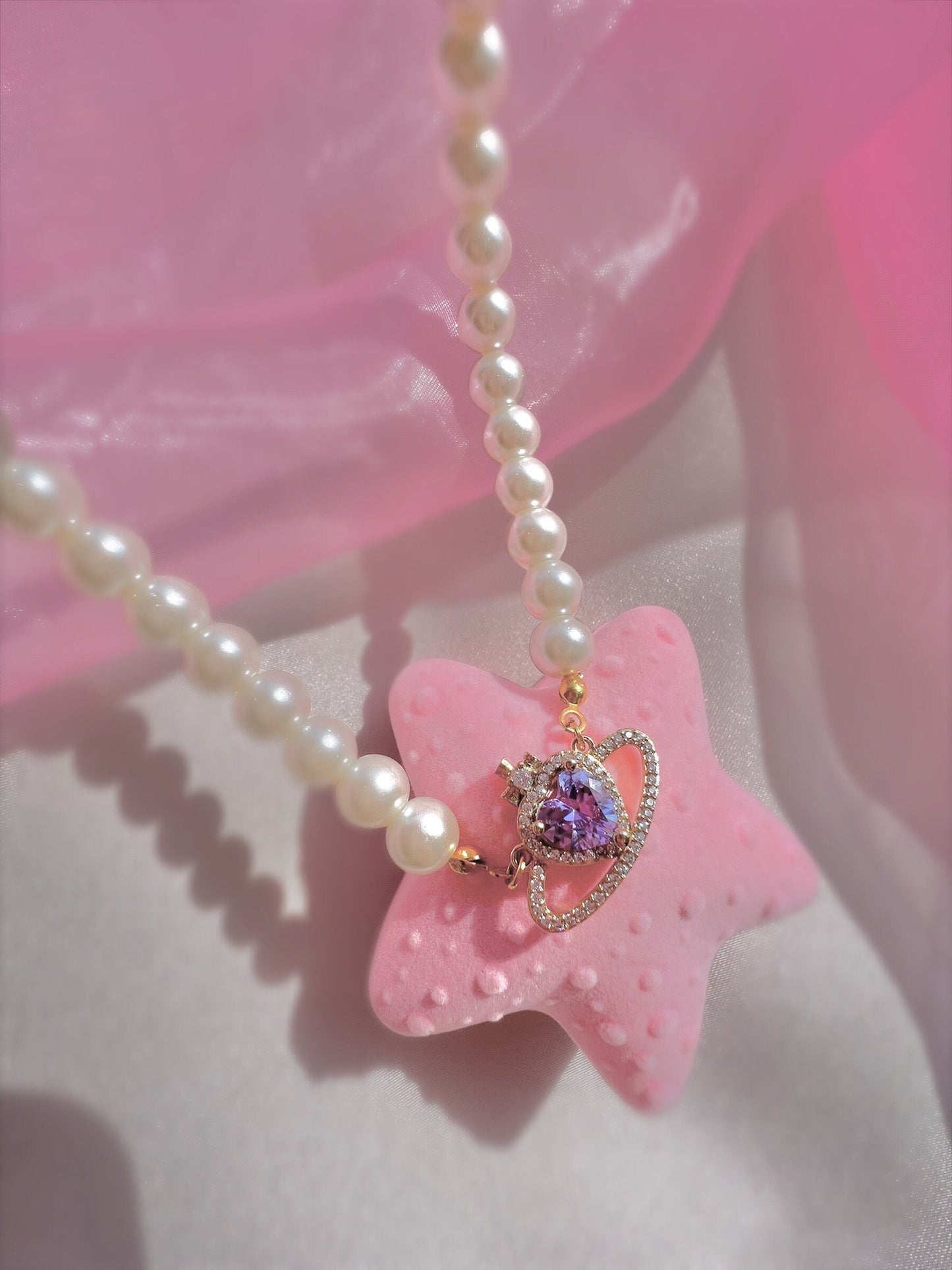 18k gold plated, handmade pearl and zirconia pink saturn necklace choker - sparkly - prinsess - royal